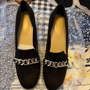 Nine West Black Suede Loafers with Silver Chain Accent
